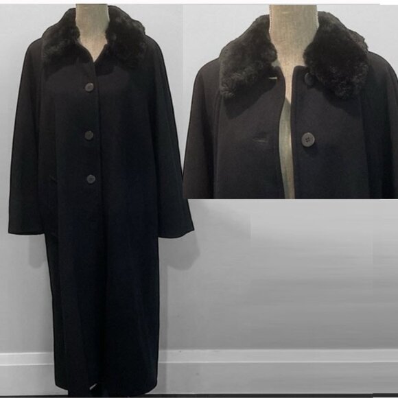 Black Wool Long Winter Coat Size Medium Removable Faux Fur Collar Timeless style - Picture 1 of 16